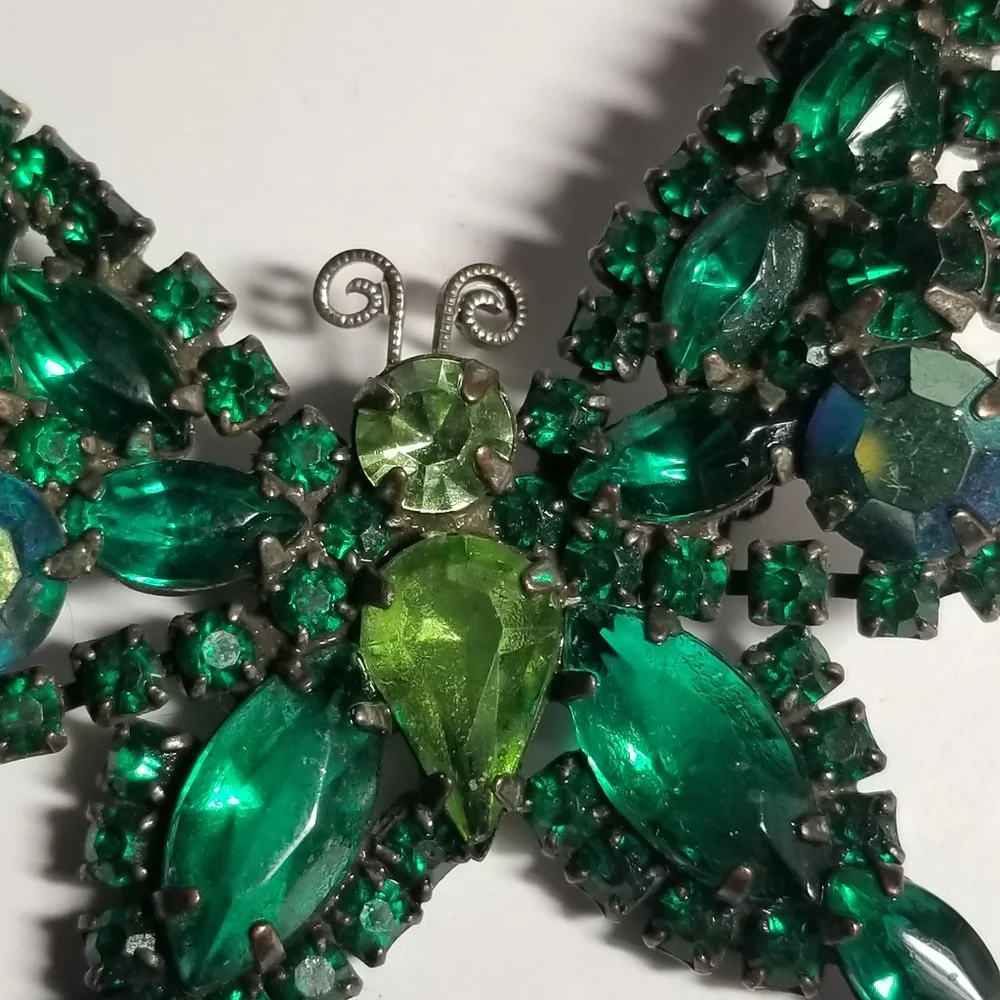 Vintage butterfly brooch green rhinestones pin moth insect bug jewelry p…
